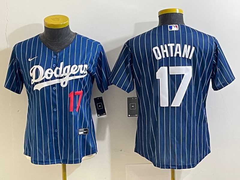 Womens Los Angeles Dodgers #17 Shohei Ohtani Number Red Navy Blue Pinstripe Stitched Cool Base Nike Jerseys